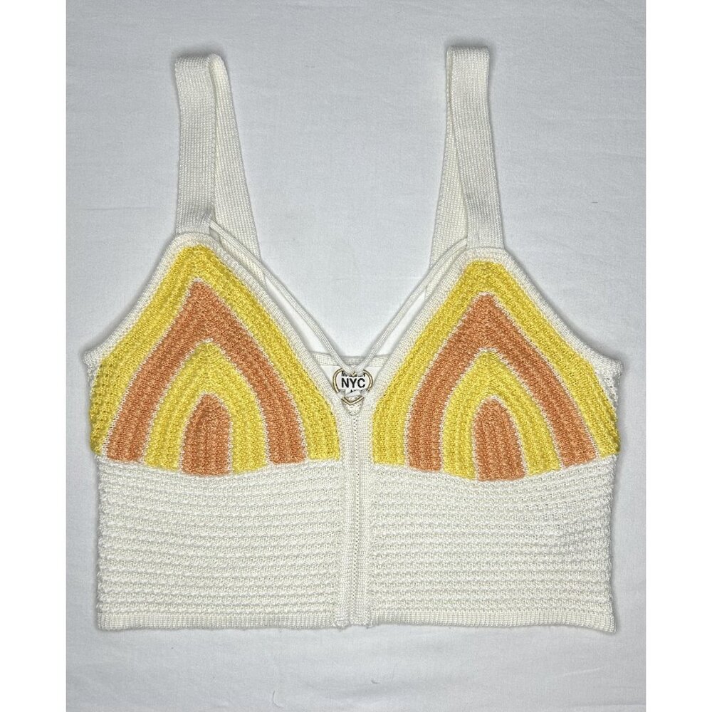 Madden NYC Crochet Knit Tank Top Womens M White Rainbow Stripe Boho Festival